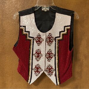 Vintage Downtown by Grace Originals Red White Black Gold Sequin Beaded Vest  Med